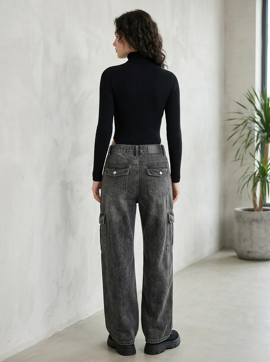 Women's Streetwear Washed Black Asymmetric Cargo Jeans