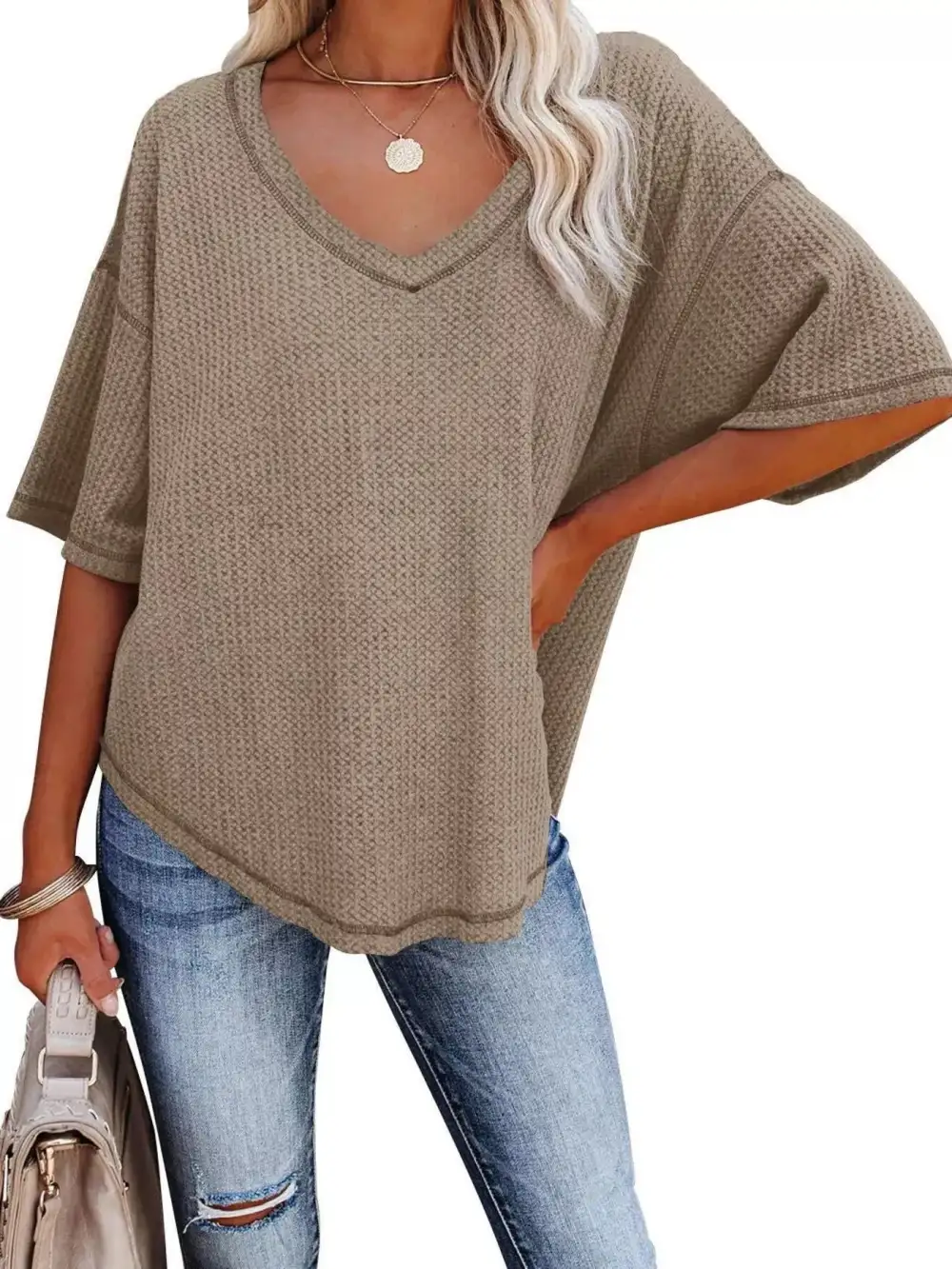 Relaxed V-Neck Short-Sleeve Knit T-Shirt