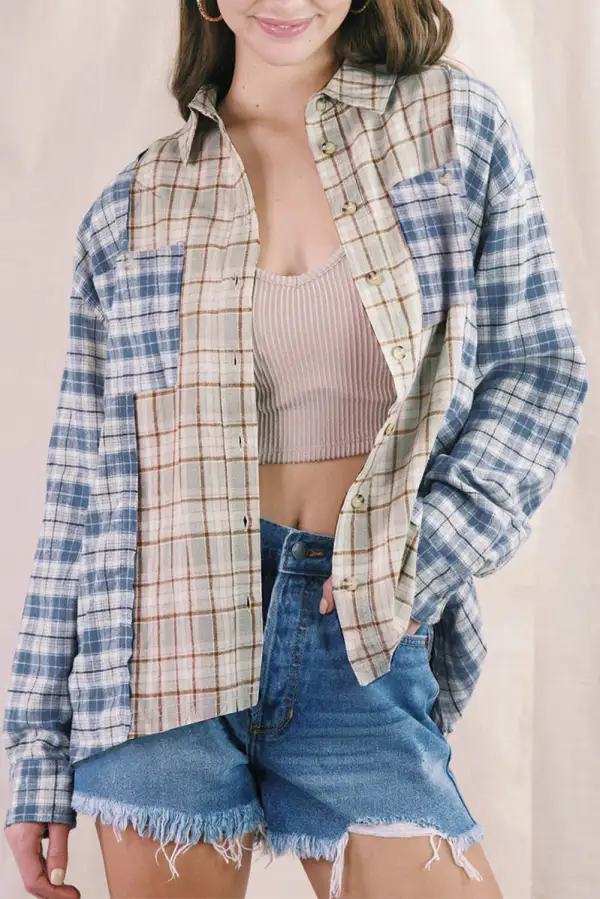 Plaid Color Block Pocket Button Up Long Sleeve Shirt