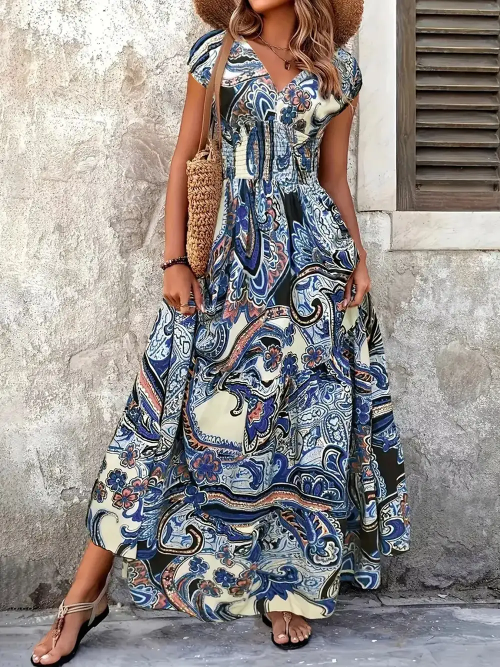 Gathered Detail Floral V Neck Maxi Dress