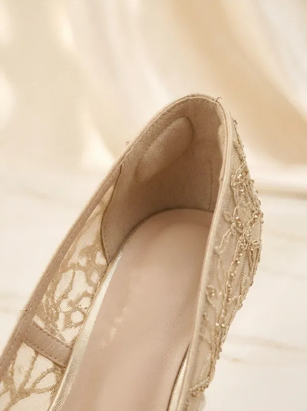 Pearl Lace-Detail Embroidered Mesh Women's Formal High Heels