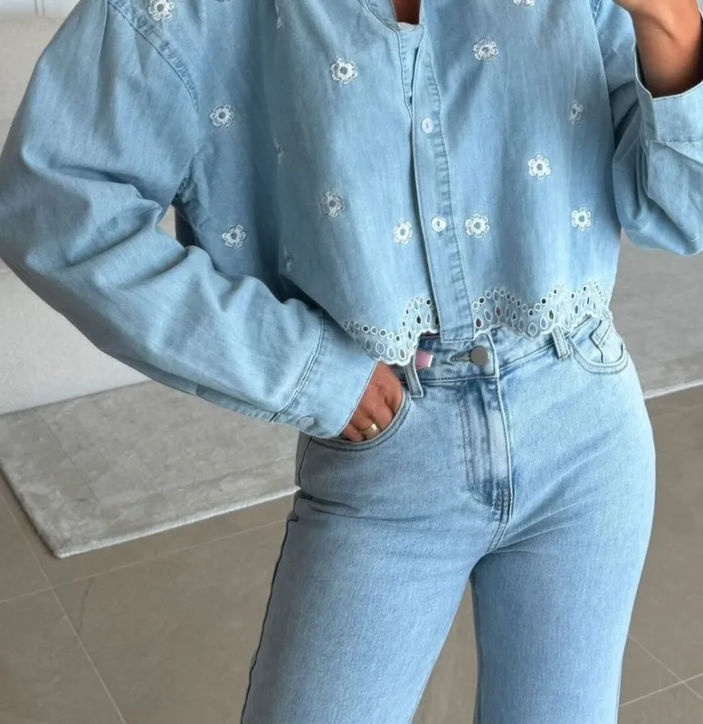 Embroidered Cropped Denim Shirt