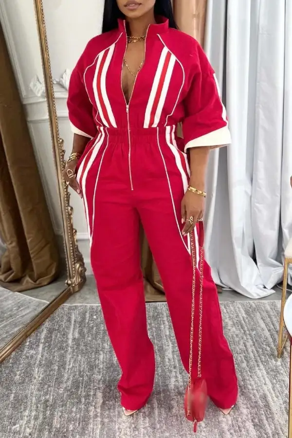 Zip-Front Stand Collar Drop-Shoulder Sleeve Jumpsuit