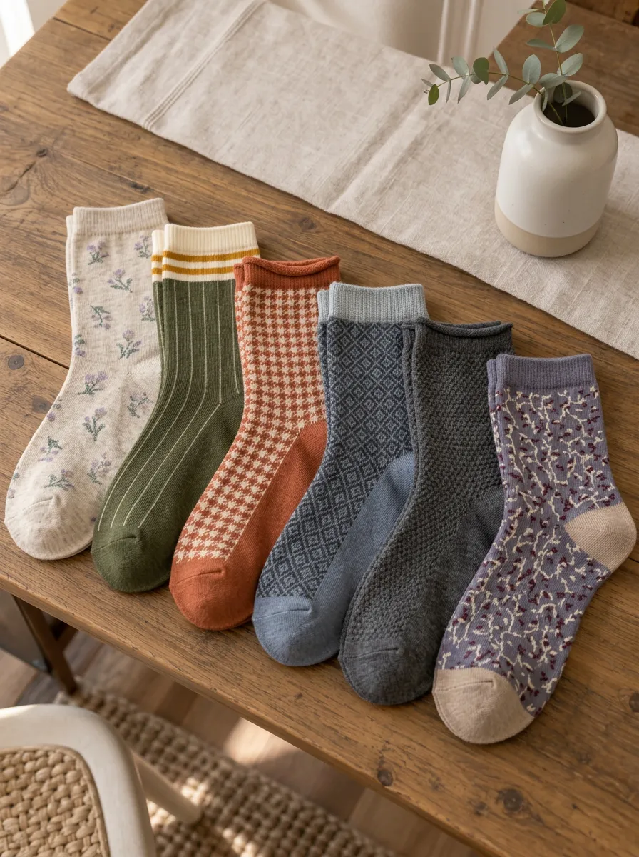 Women's Vintage Floral Houndstooth Geometric Printed Crew Socks 6-Pack