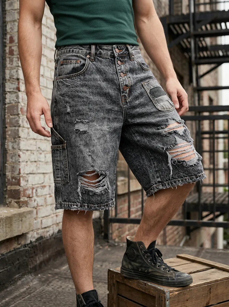 Men's Distressed Acid Wash Button Fly Ripped Denim Shorts
