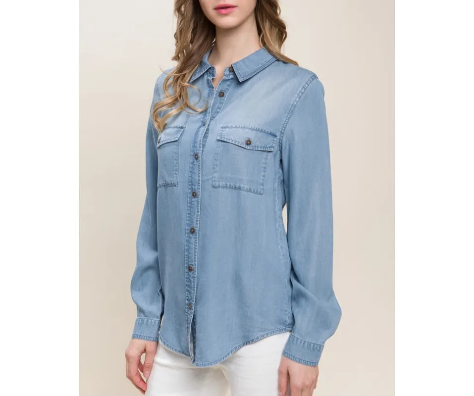 Scooped-Hem Button-Up Denim Shirt