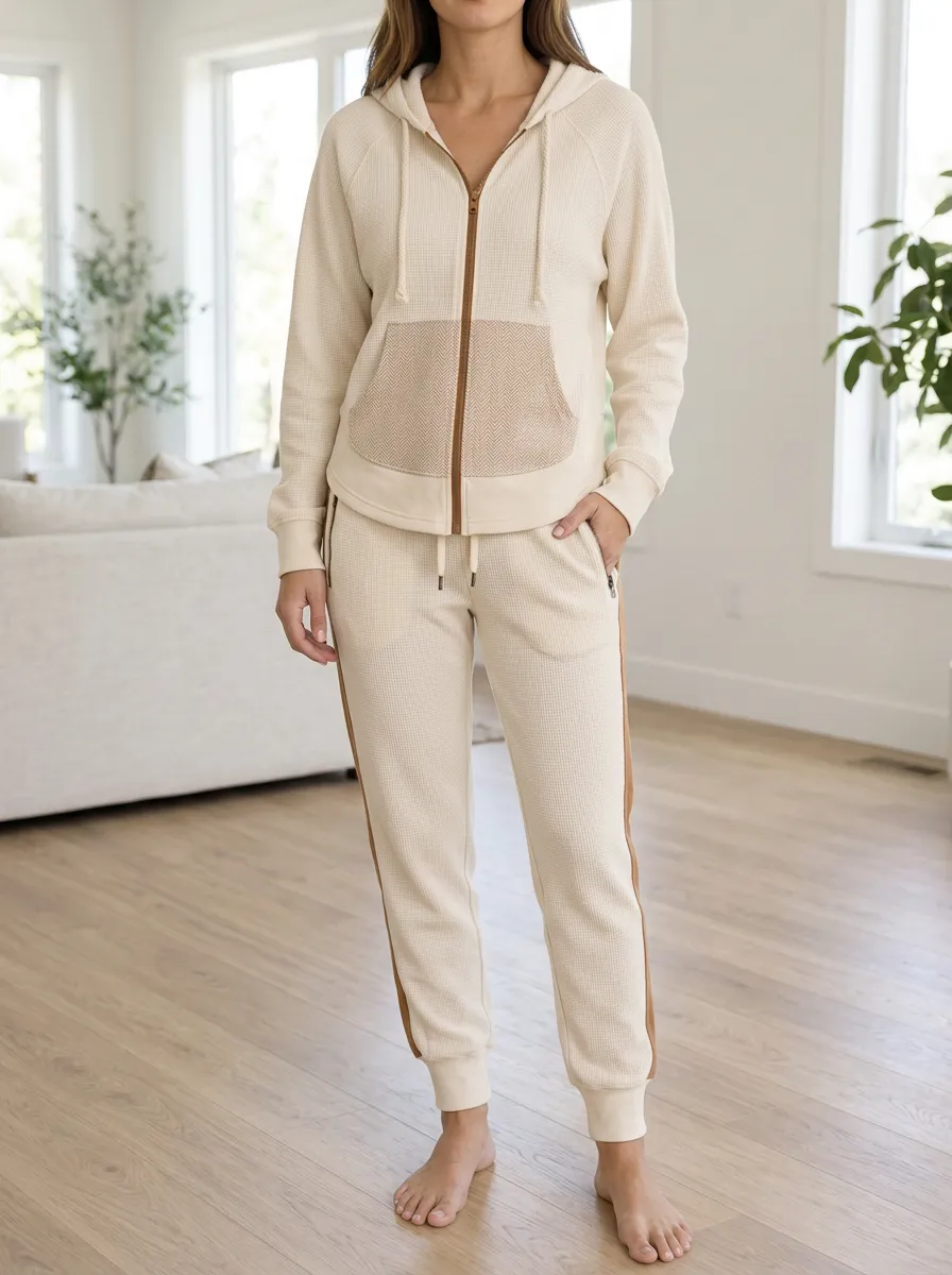 Women's Herringbone Waffle Texture Herringbone Zip Hoodie Jogger Set
