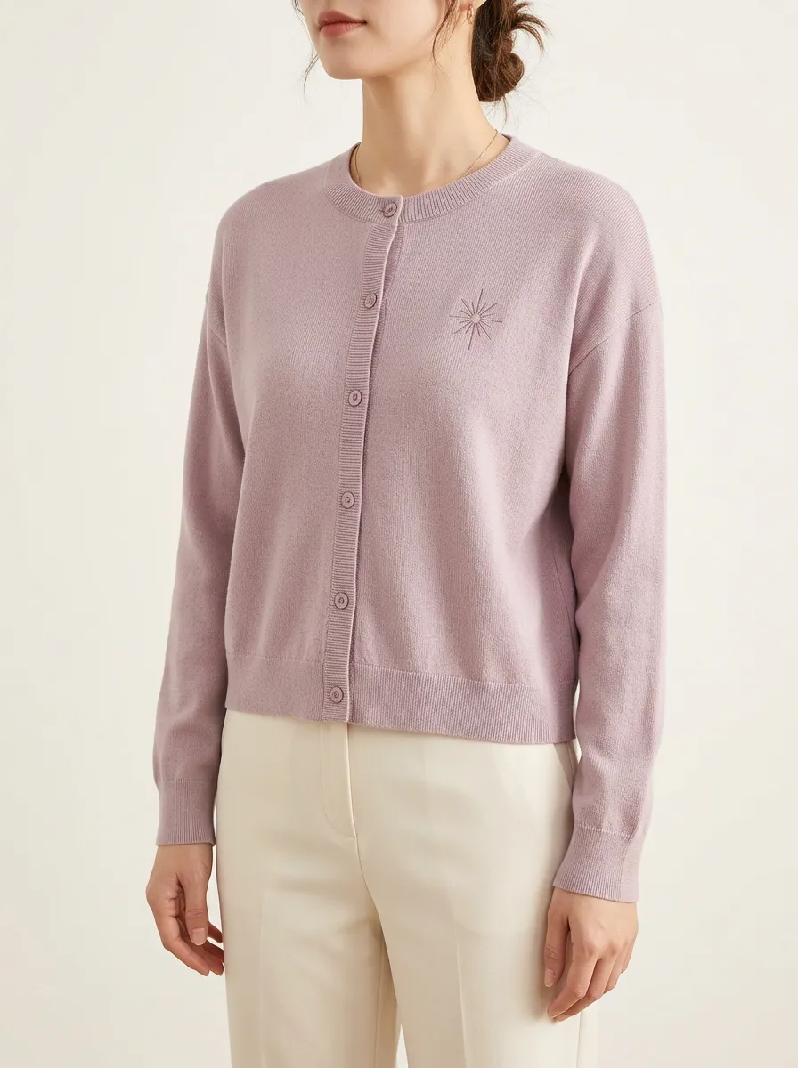 Women's Dusty Rose Embroidered Crew Neck Cardigan