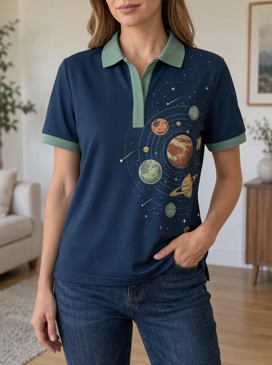 Women's Relaxed Astronomy Lover Solar System Polo Shirt