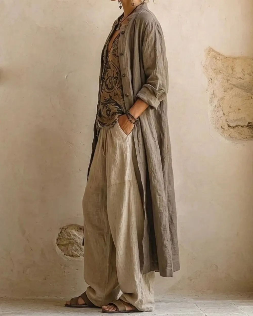Boho Three-Piece Outfit Printed Top Wide Leg Pants