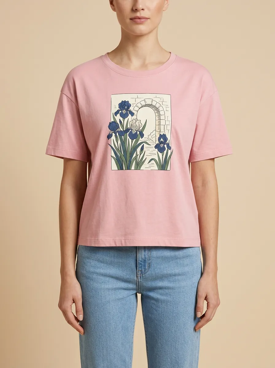 Women's Crewneck Graphic Floral Rib-Trim T-Shirt