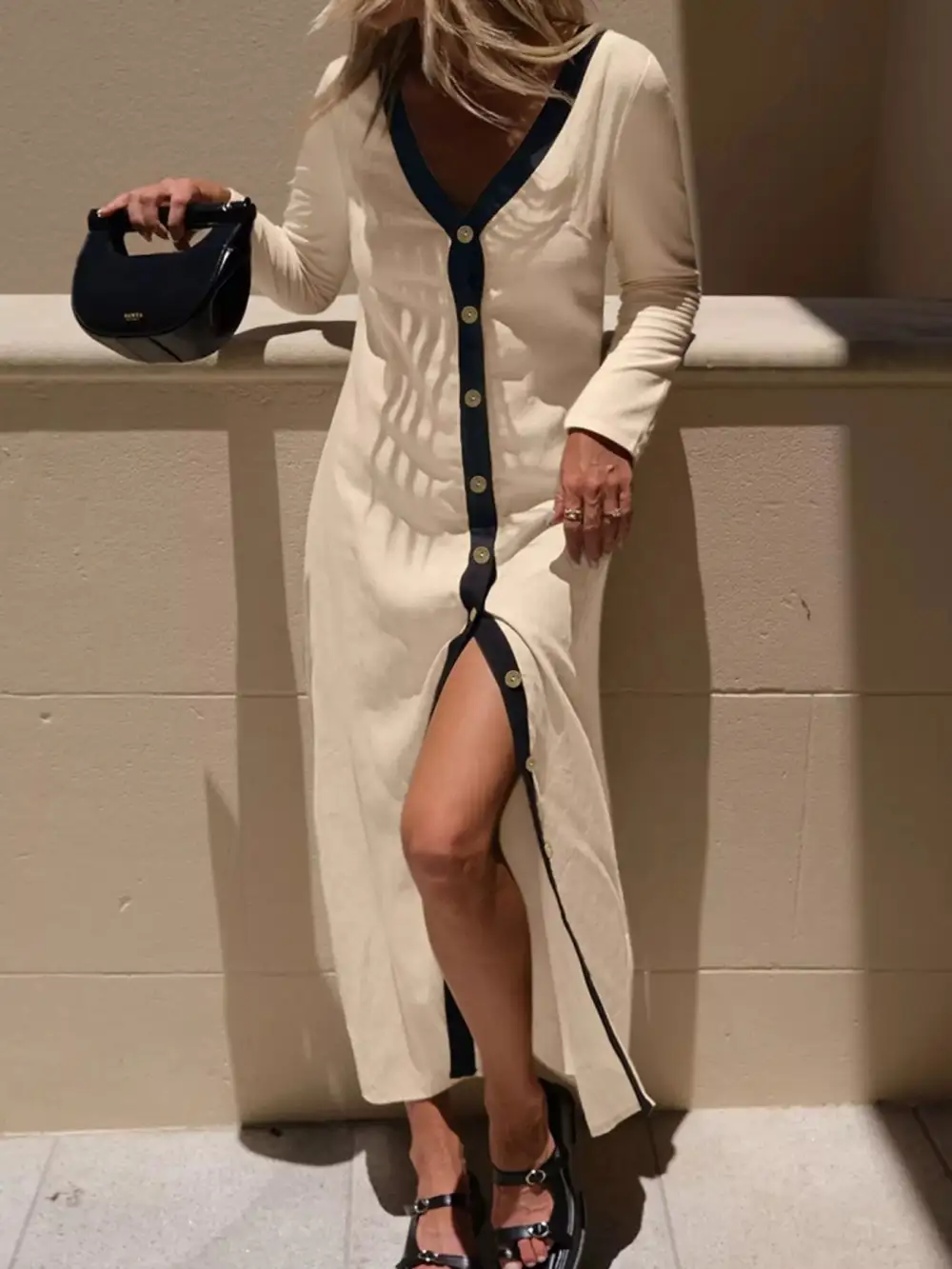 Contrast Trim Button-Down Midi Dress