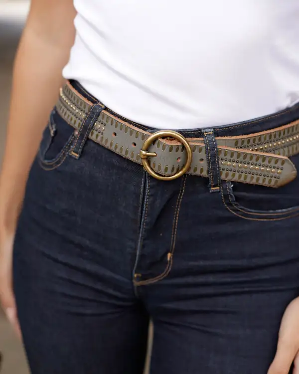Studded Leather Waist Belt With Round Buckle