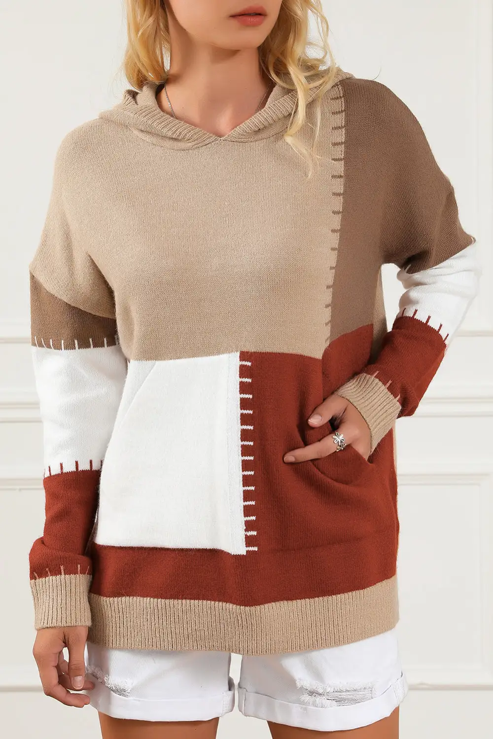 Color Block Kangaroo Pocket Hooded Sweater
