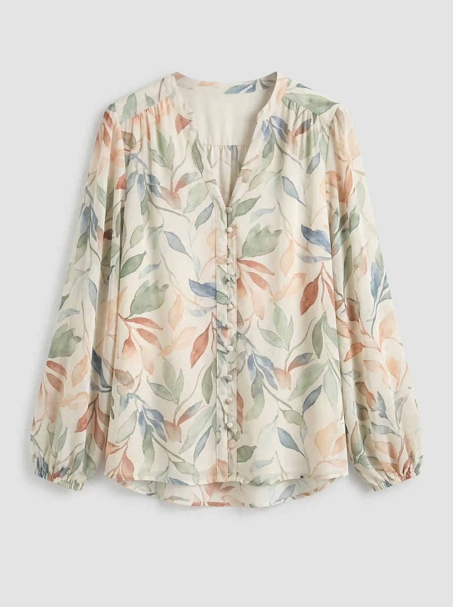 Women's Botanical Watercolor Leaf Printed Button Down Blouse