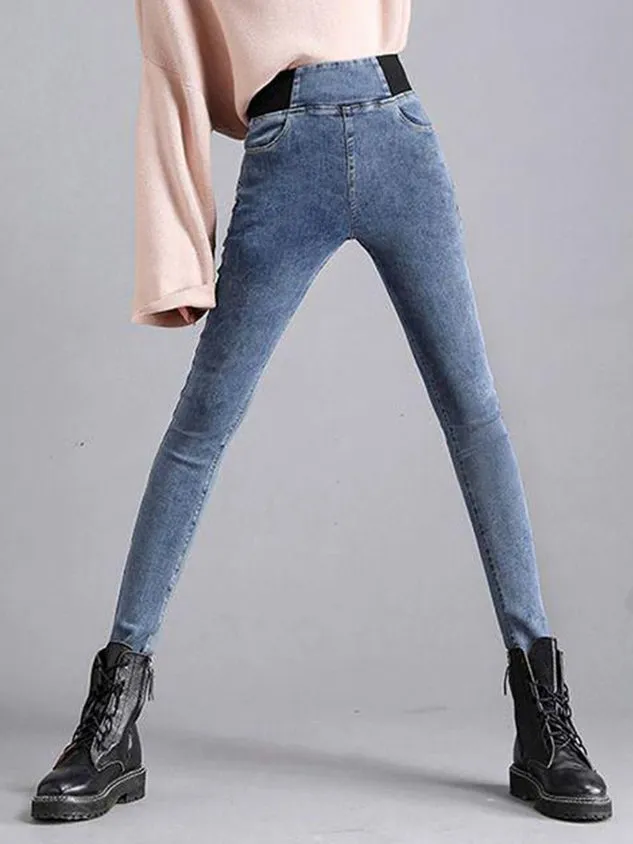 Women's Elasticity Waist Stretchy Loose Plain Denim Jeans