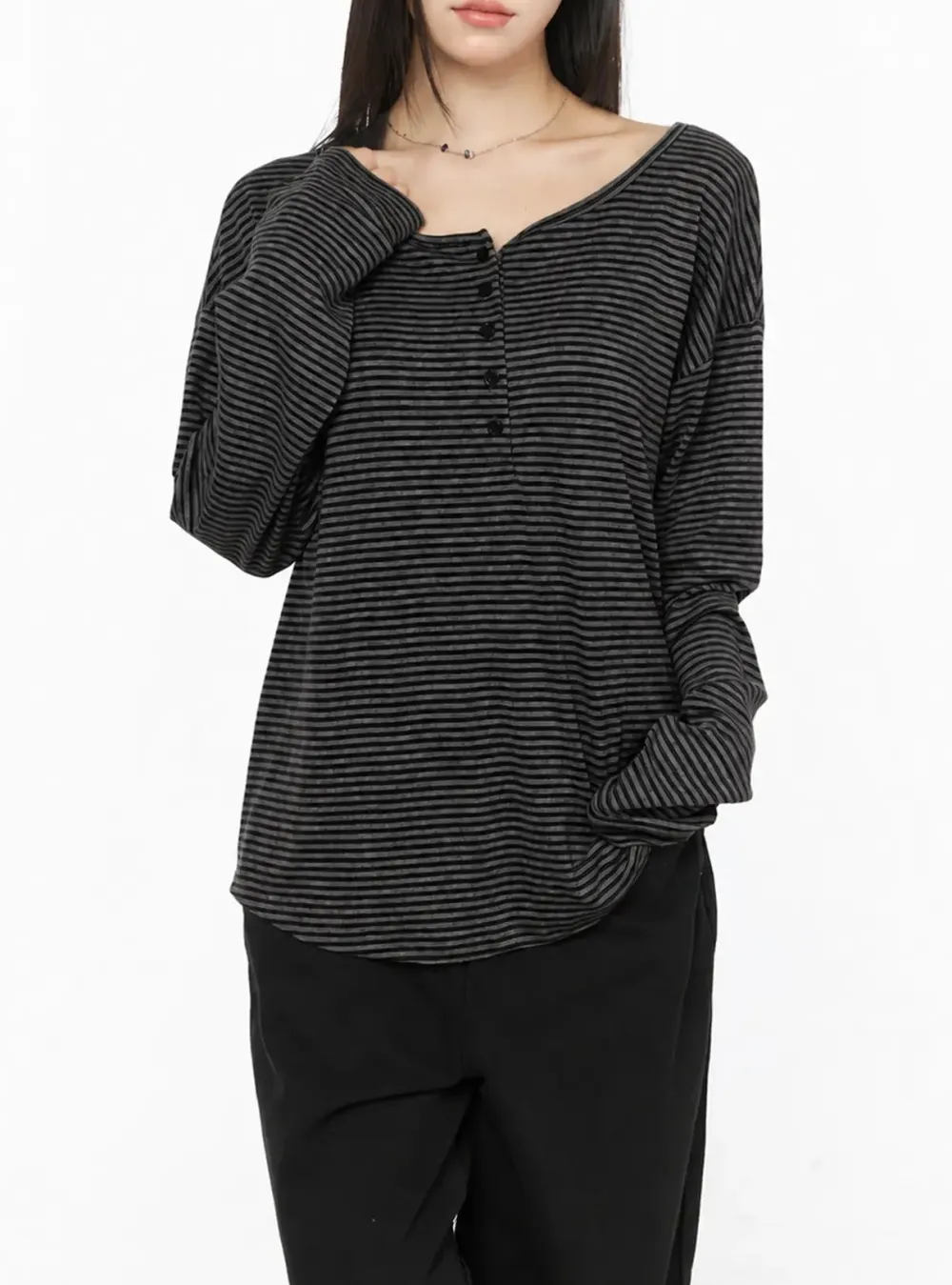 Striped Henley Long Sleeve Top