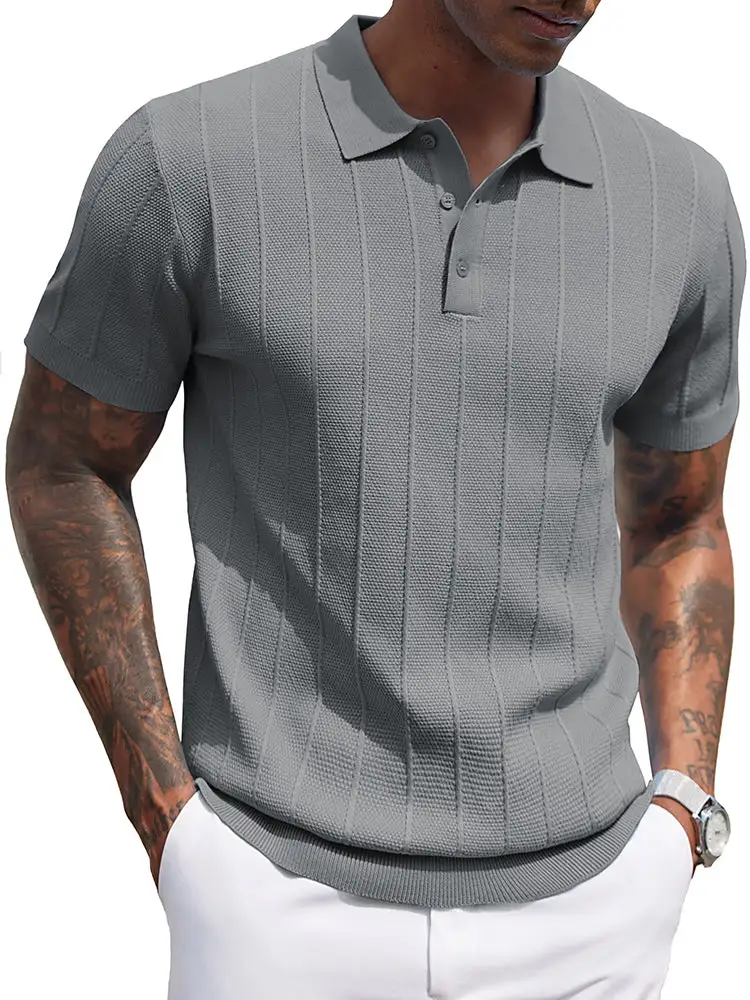 Ribbed Textured Knit Polo Shirt