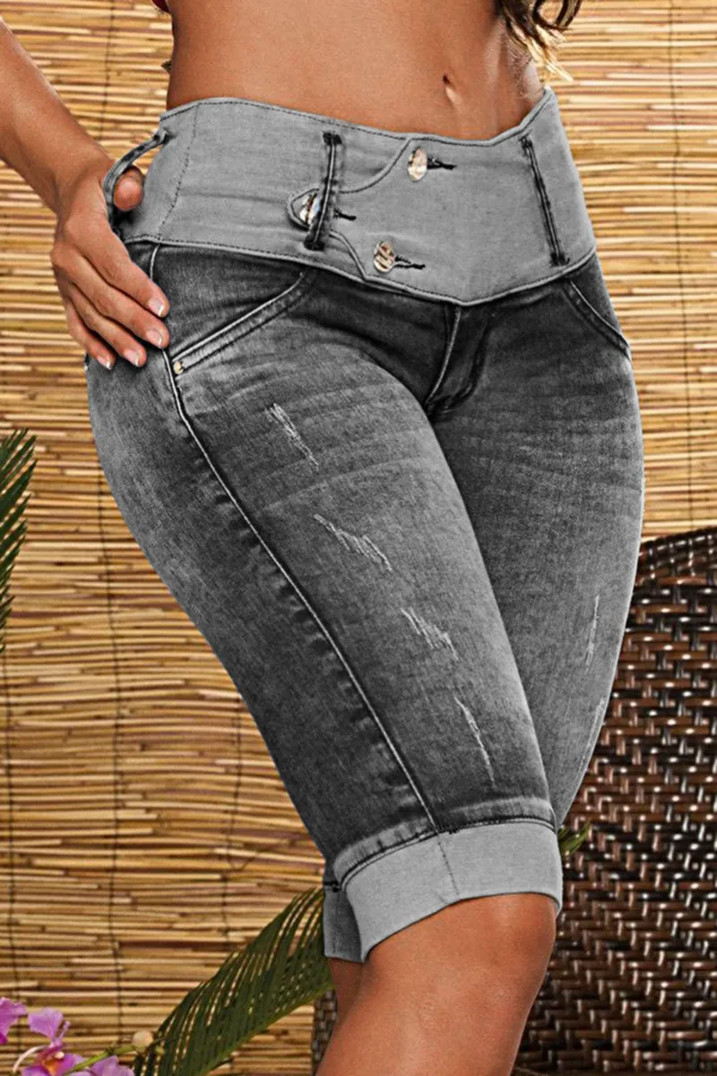Two Tone Button Front Ripped Denim Bermuda Shorts