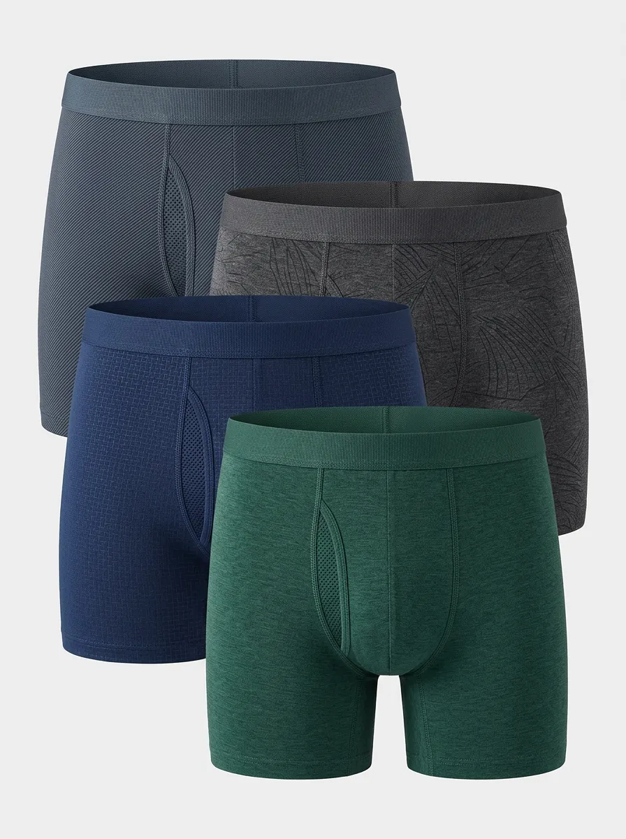 Mesh Breathable-Look Cotton Leaf Motif Men's Boxer Briefs Four-Pack
