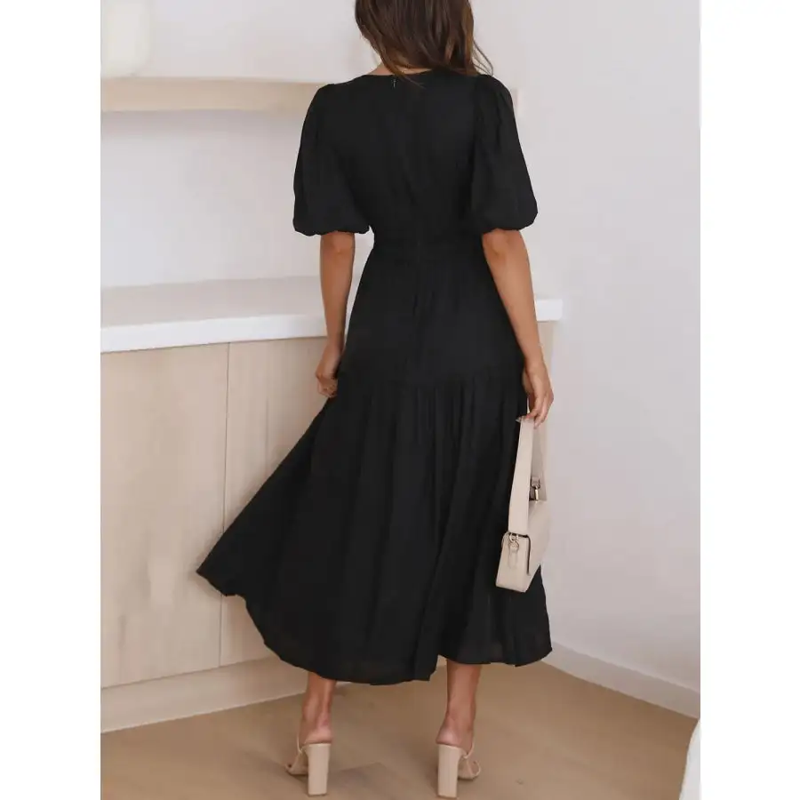 Neck V-Neck Puff Sleeve Midi Dress