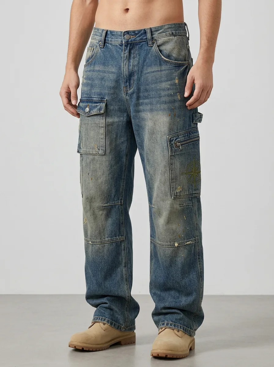 Men's Compass Graphic Distressed Denim Cargo Jeans