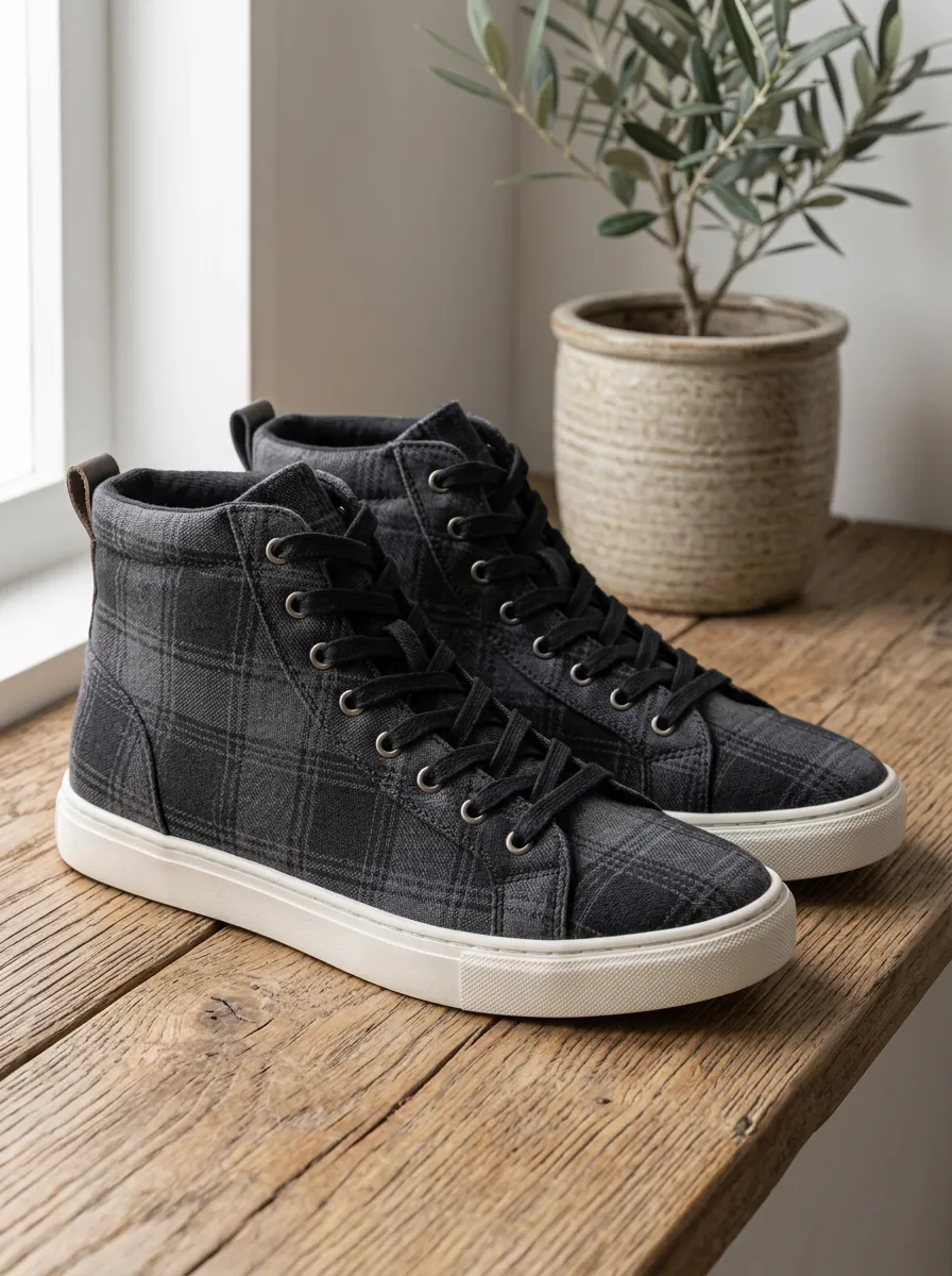 Men's Casual Style Dark Grey Plaid Printed Canvas Shoes