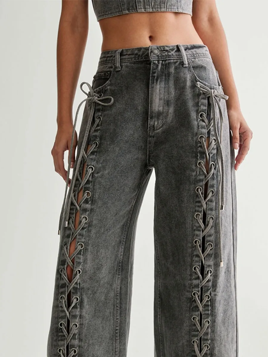 Women's Grey Side Lace-Up Wide-Leg Jeans