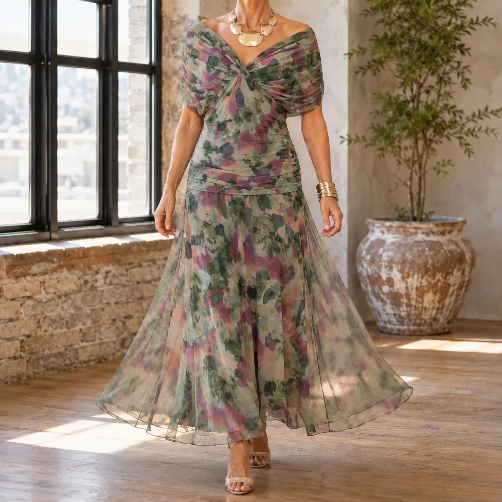Draped Ruched Flowing Maxi Dress