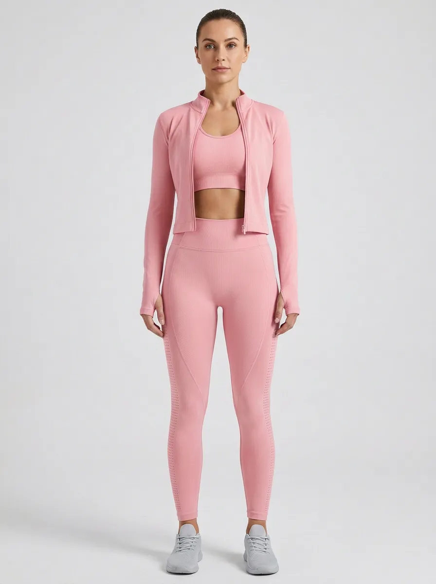 Performance-Inspired Ribbed Texture Seamless Design Design Women's Three Piece Activewear Set