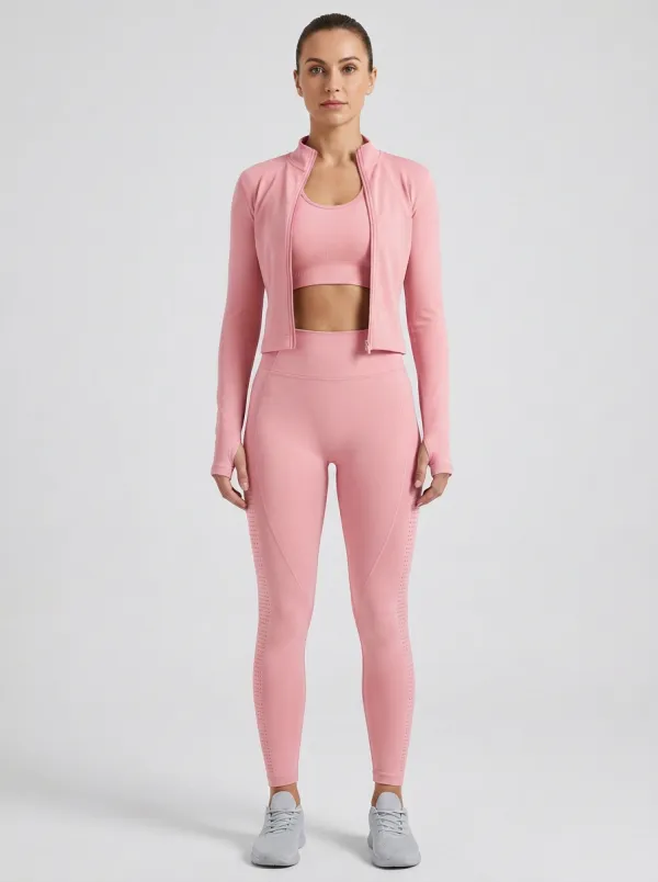 Performance-Inspired Ribbed Texture Seamless Design Design Women's Three Piece Activewear Set
