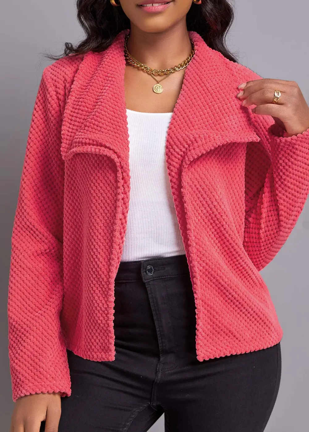 Peach Red Long Sleeve Turn Down Collar Coat