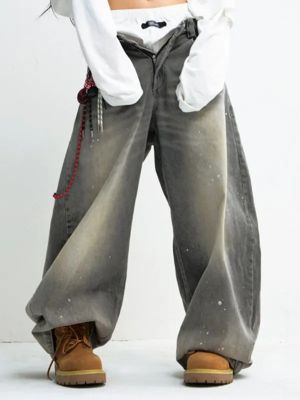 Wide-Leg Washed Drawstring Jeans