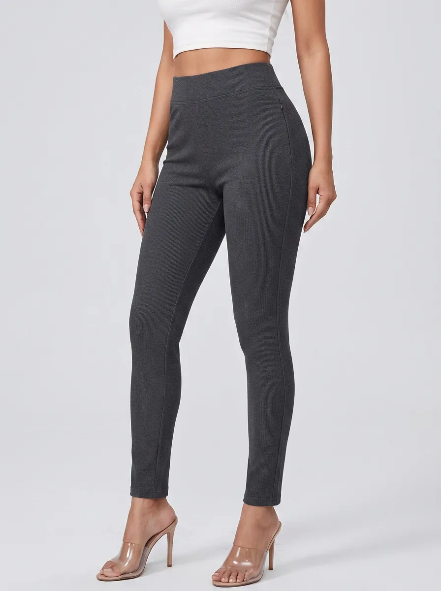Ribbed Casual Women's Stretch Mid-Rise Pants