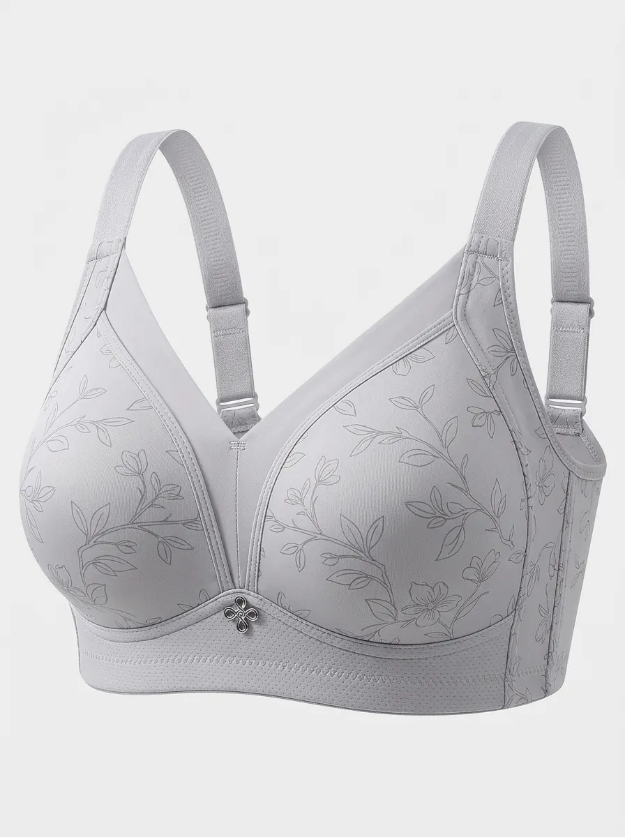 Women's Plus Size Light Grey Floral Full-Coverage V-Neck Wireless Bra