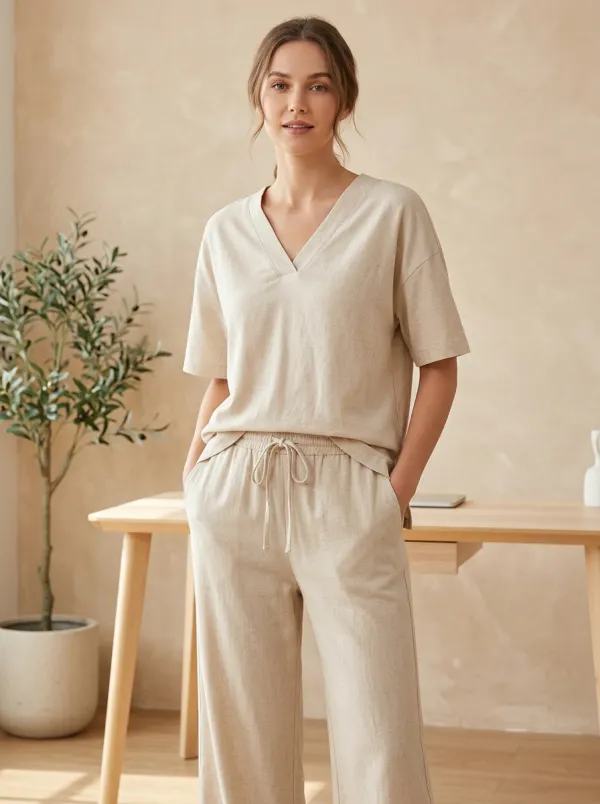 Short-Sleeve Linen-Blend Women's V-Neck Casual Lounge Set