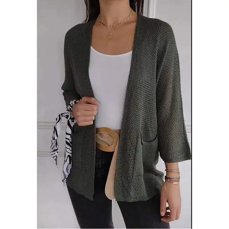 Women's Waffle-Knit Three-Quarter Sleeve Cardigan