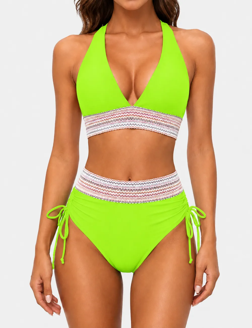 Deep V Neck Colorful Zigzag Smocked Trim Bikini Set