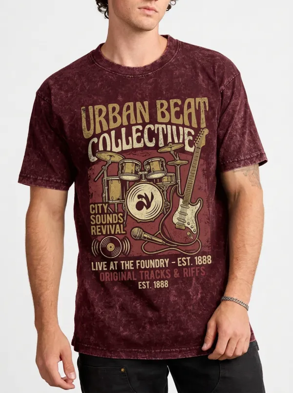 Men's Music Band Urban Beat Collective Drum Guitar Printed T-shirt