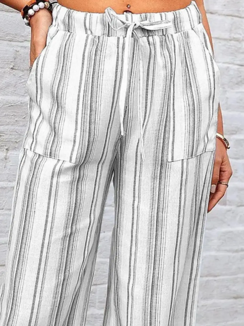 Wide Leg Striped Pocketed Pants