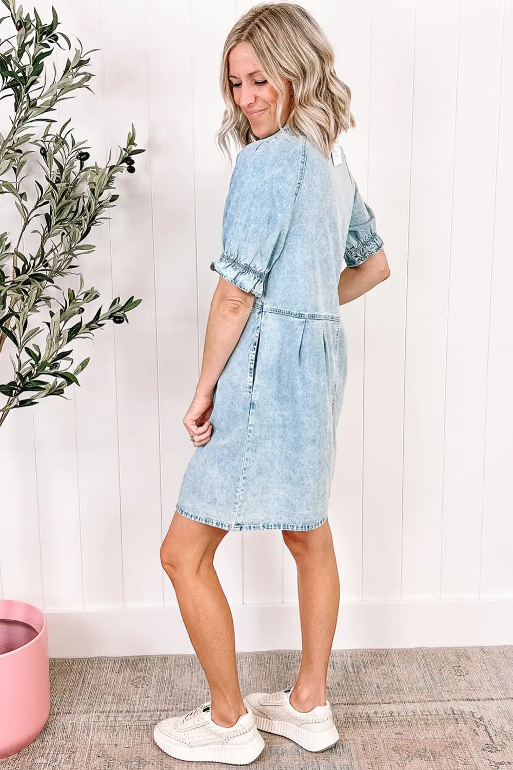 Beau Mineral Wash Ruffled Short Sleeve Buttoned Denim Dress