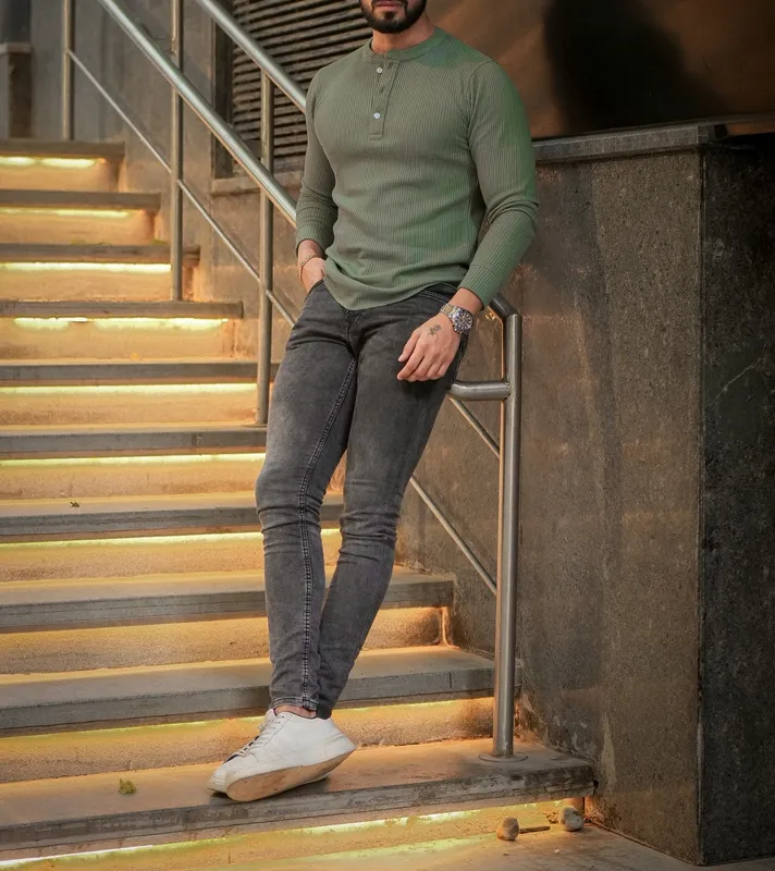 Grey Ribbed Long Sleeve Henley Shirt