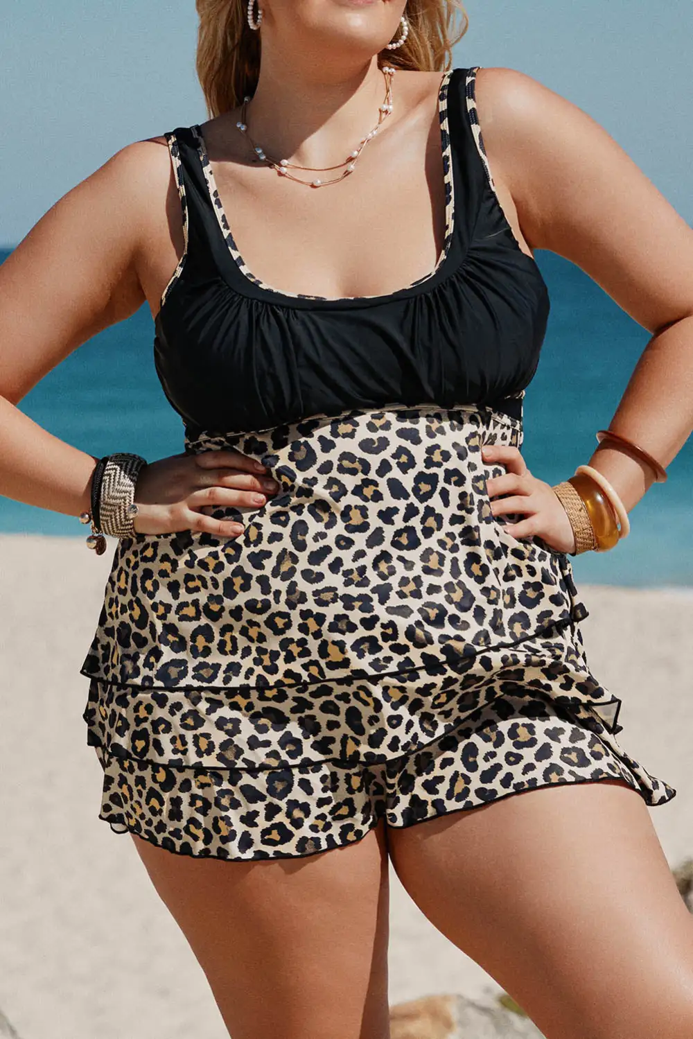 Swimwear Leopard Layered Ruffle Plus Size Tankini Sets