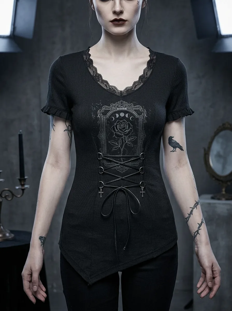 Moonlit Rose Moon Corset Design Women's Gothic T-Shirt