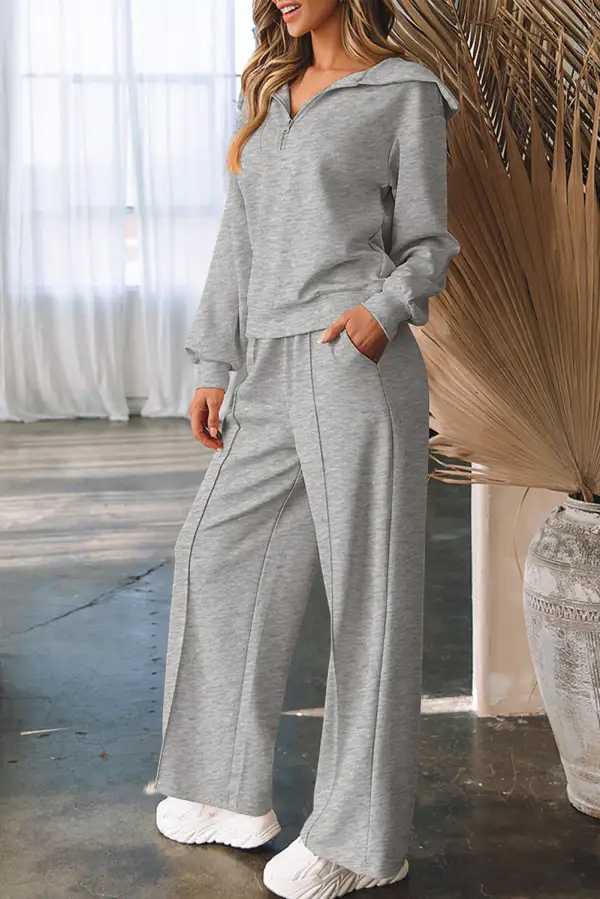 Women's Solid Zip Sailor Collar Pullover Athleisure Sweatpants Two Piece Set
