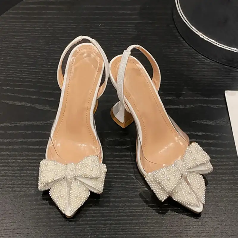 Pearl-Detail Bow-Detail Pointed-Toe Pumps