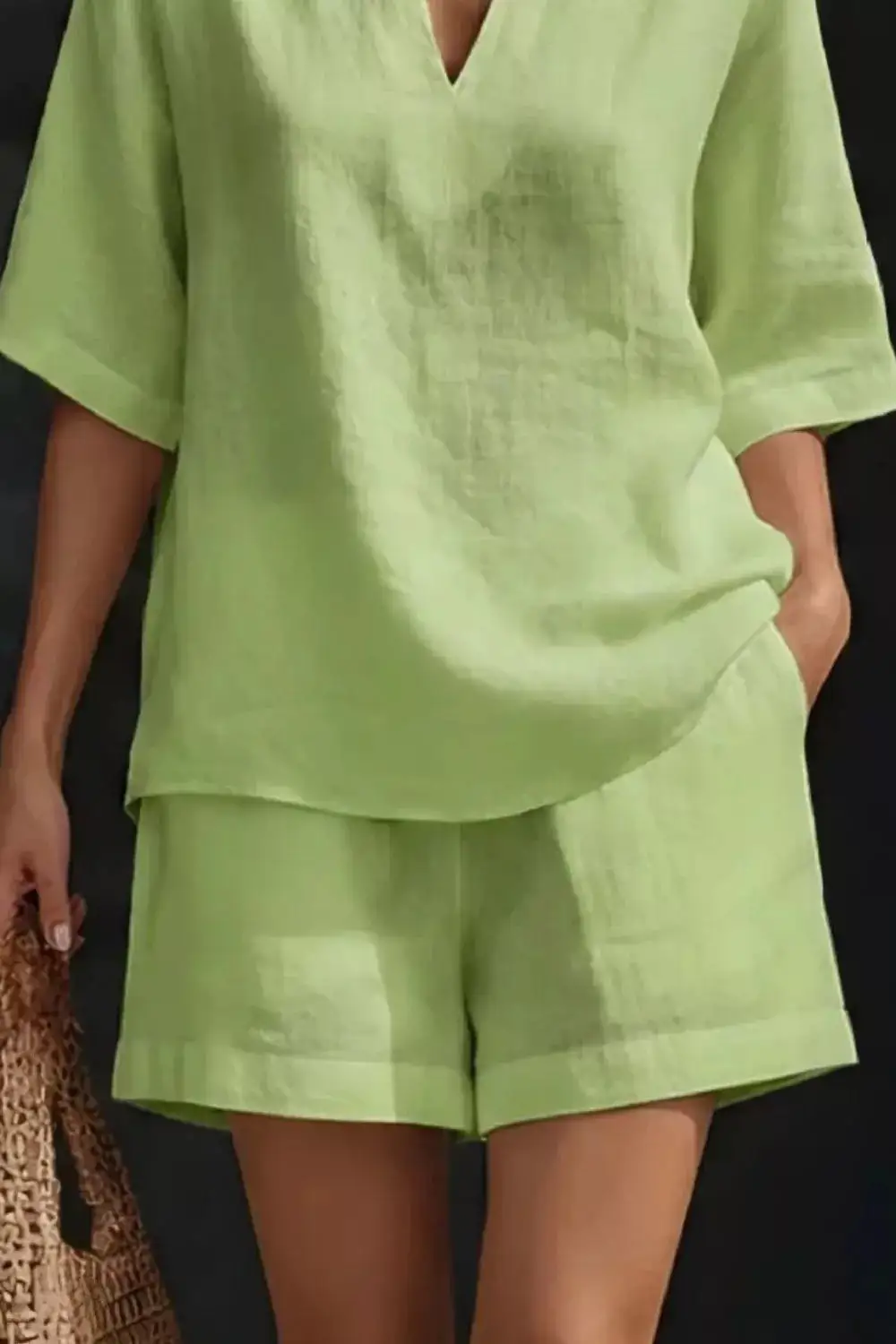 Relaxed Notched Half Sleeve Top and Shorts Set