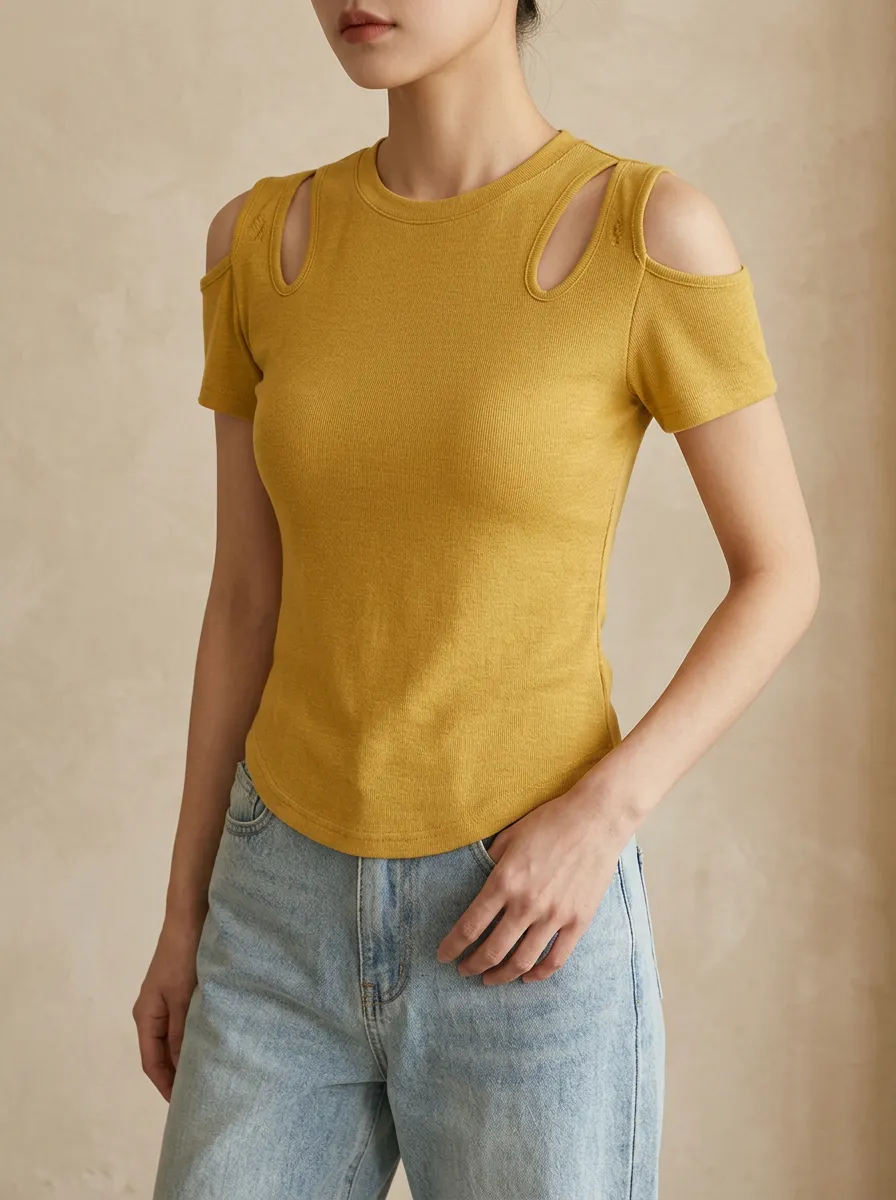 Women's Mustard Yellow Cold Shoulder Ribbed Knit Top