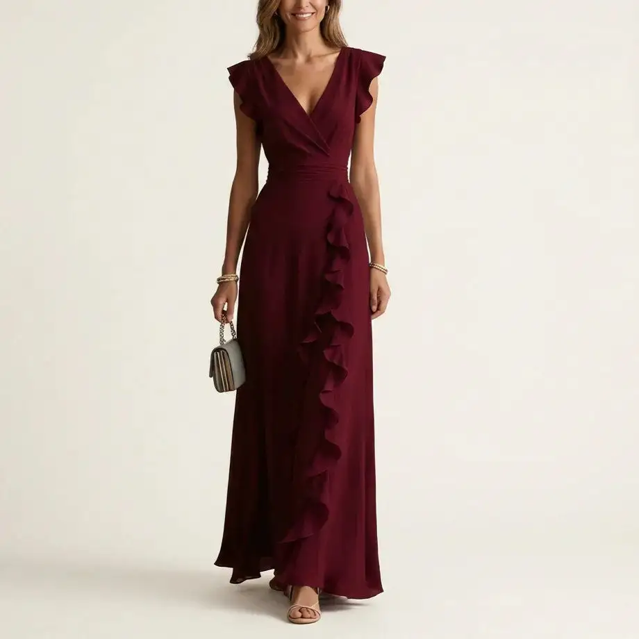 Women's Flutter Sleeve Vertical Ruffle Formal Dress