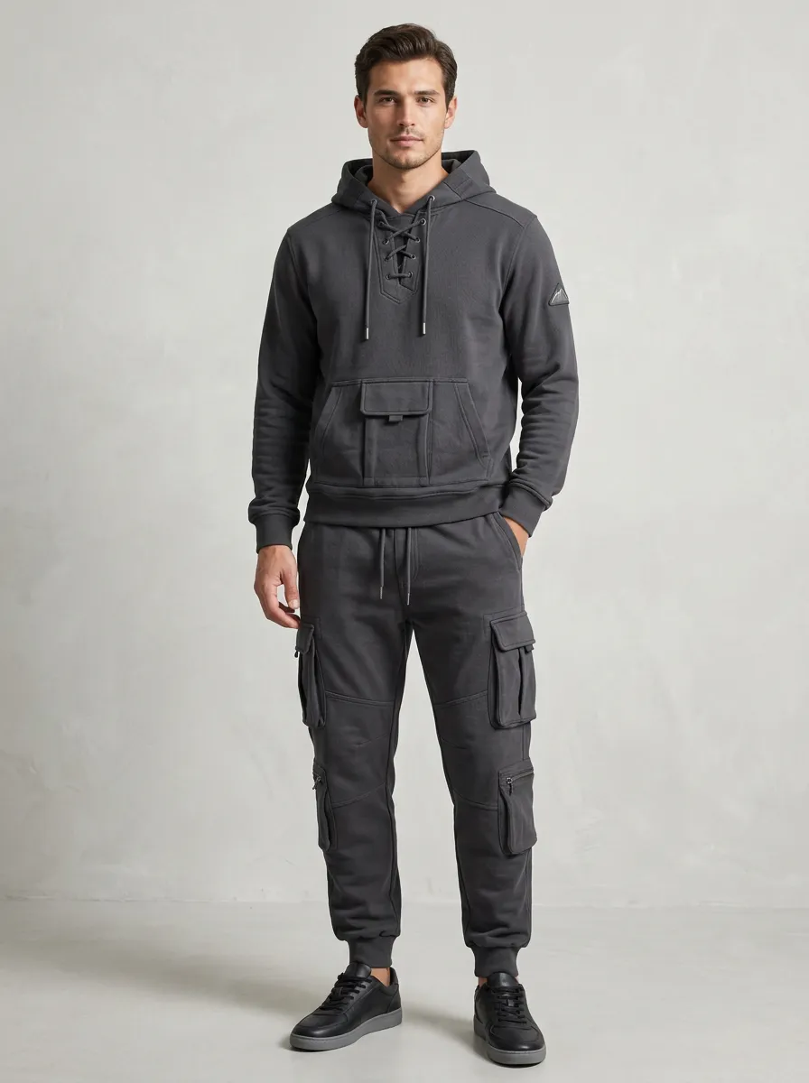 Functional Lace-Up Multi Pocket Street Look Men's Lace Up Hoodie And Cargo Jogger Set